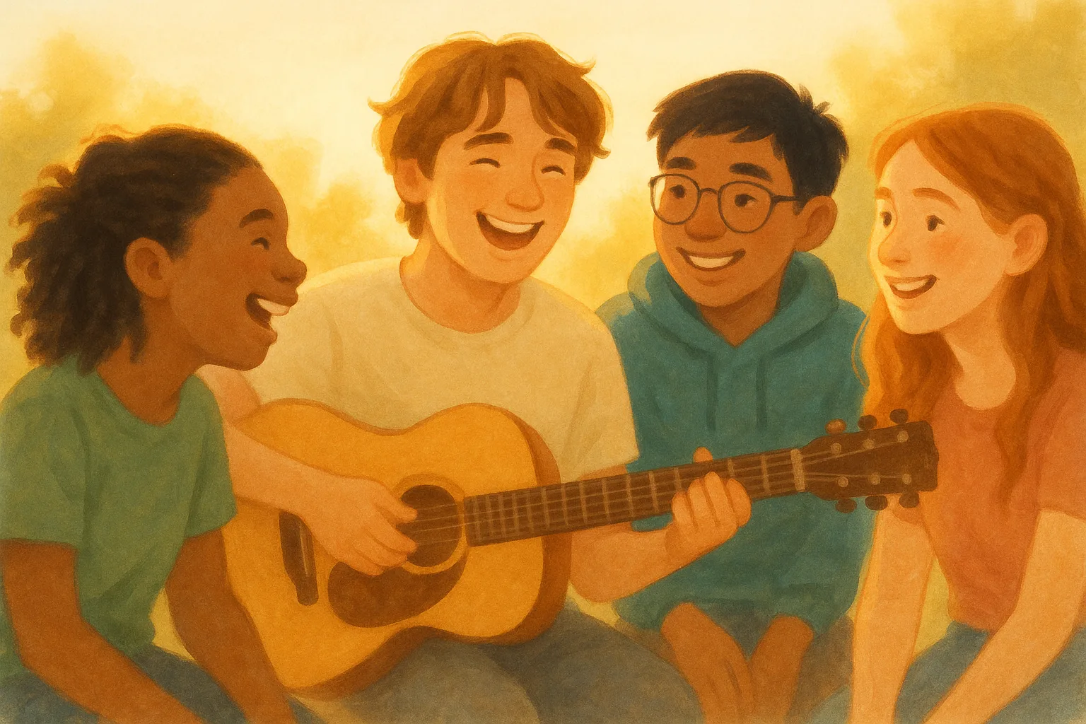 Teens gathered together outdoors, smiling